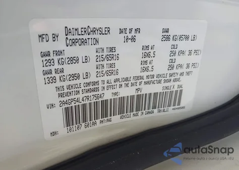 2007 Chrysler Town & Country Touring z USA, uszkodzony, nr VIN 2A4GP54L47R175647